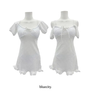 White Frill Punching Two-Piece Off-Shoulder Short-Sleeve One-Piece Swimsuit