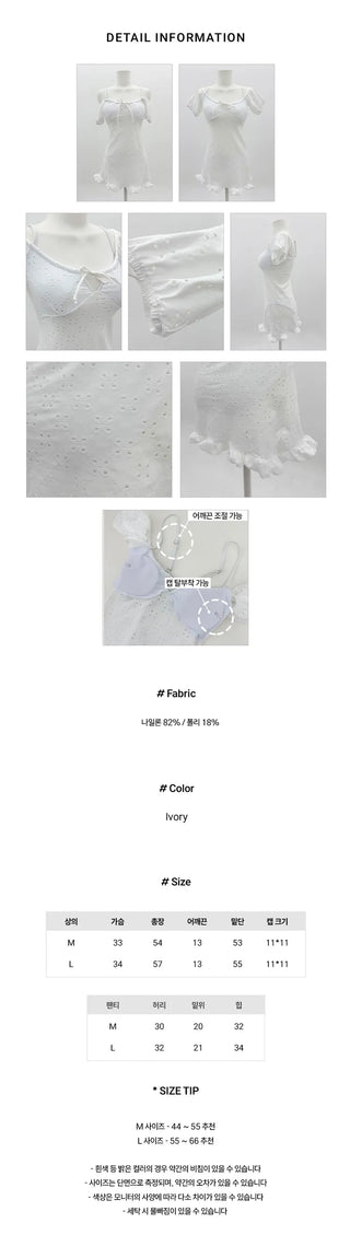 White Frill Punching Two-Piece Off-Shoulder Short-Sleeve One-Piece Swimsuit