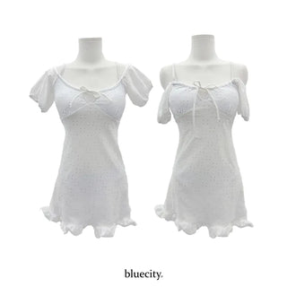 White Frill Punching Two-Piece Off-Shoulder Short-Sleeve One-Piece Swimsuit