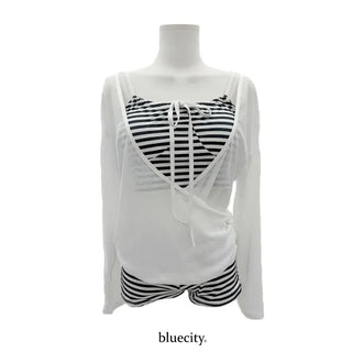 Mono Stripe Cover-up Sleeveless Top & Pants Set Bikini Swimwear