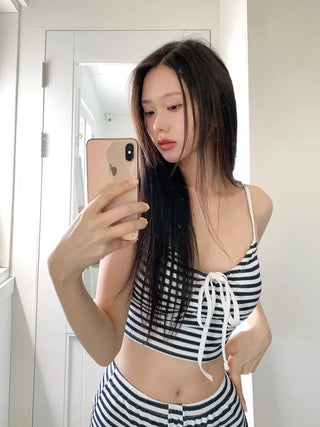 Mono Stripe Cover-up Sleeveless Top & Pants Set Bikini Swimwear