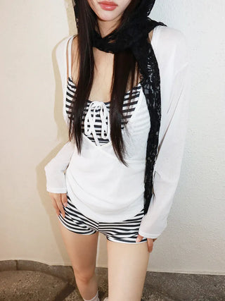 Mono Stripe Cover-up Sleeveless Top & Pants Set Bikini Swimwear
