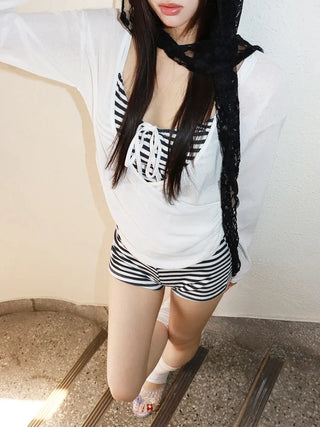 Mono Stripe Cover-up Sleeveless Top & Pants Set Bikini Swimwear