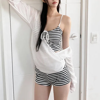 Mono Stripe Cover-up Sleeveless Top & Pants Set Bikini Swimwear