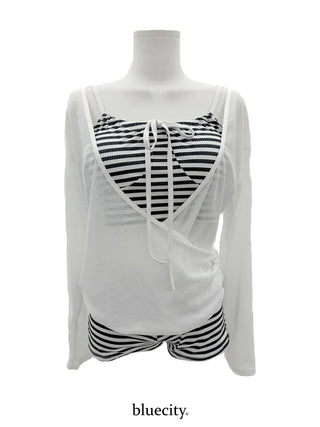 Mono Stripe Cover-up Sleeveless Top & Pants Set Bikini Swimwear