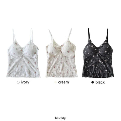 Floral Lace See-through V-Neck Sleeveless Strappy Top