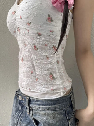Floral Lace See-through V-Neck Sleeveless Strappy Top