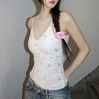 Floral Lace See-through V-Neck Sleeveless Strappy Top