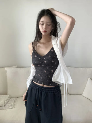 Floral Lace See-through V-Neck Sleeveless Strappy Top