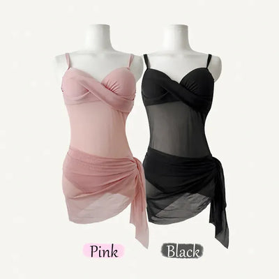 O'Brap Twist See-through Monokini Skirt Piece Set Swimsuit