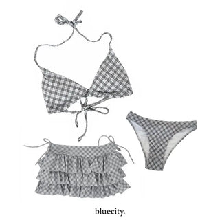 Full Check Frill Halter Skirt Bikini Set Swimwear