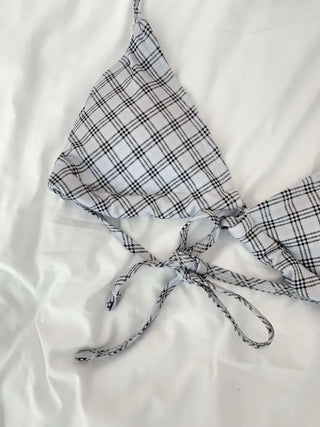 Full Check Frill Halter Skirt Bikini Set Swimwear