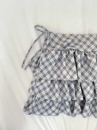 Full Check Frill Halter Skirt Bikini Set Swimwear