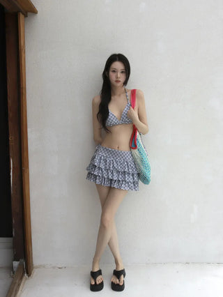 Full Check Frill Halter Skirt Bikini Set Swimwear