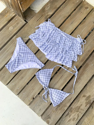 Full Check Frill Halter Skirt Bikini Set Swimwear