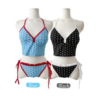 Berry Dot Frill Ribbon Sleeveless Top Two-Piece Bikini Set Swimsuit