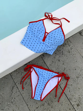 Berry Dot Frill Ribbon Sleeveless Top Two-Piece Bikini Set Swimsuit