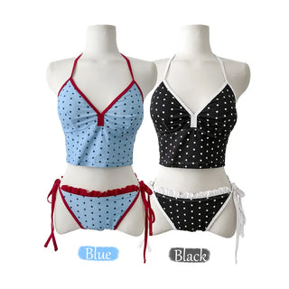 Berry Dot Frill Ribbon Sleeveless Top Two-Piece Bikini Set Swimsuit