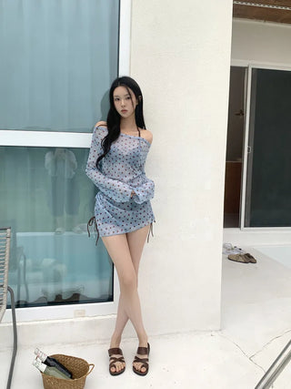 Yuini Dot Color Shirred Cover-up Set Off-shoulder Bikini Swimsuit