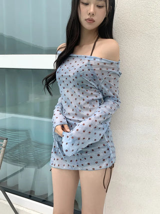 Yuini Dot Color Shirred Cover-up Set Off-shoulder Bikini Swimsuit