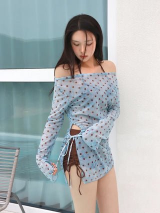 Yuini Dot Color Shirred Cover-up Set Off-shoulder Bikini Swimsuit