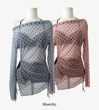 Yuini Dot Color Shirred Cover-up Set Off-shoulder Bikini Swimsuit