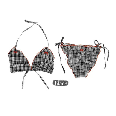 Monet Check Ribbon Halter Neck Wrap Skirt Bikini Swimsuit