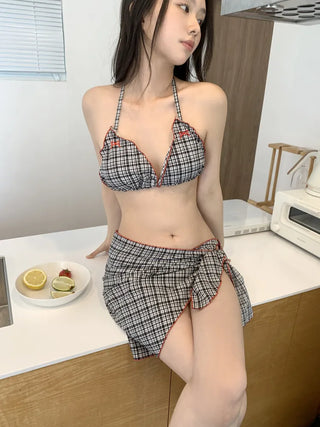Monet Check Ribbon Halter Neck Wrap Skirt Bikini Swimsuit