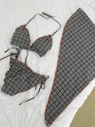 Monet Check Ribbon Halter Neck Wrap Skirt Bikini Swimsuit