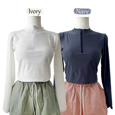 Crop Half-Zip Shorts Long Sleeve Rash Guard Piece Swimsuit Set