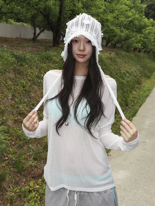May Flower Net See-through Punched Strap Bandana Beanie Hat