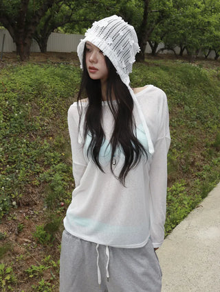 May Flower Net See-through Punched Strap Bandana Beanie Hat