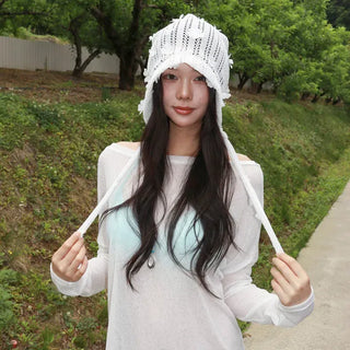 May Flower Net See-through Punched Strap Bandana Beanie Hat