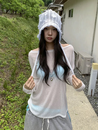 May Flower Net See-through Punched Strap Bandana Beanie Hat