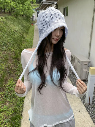 May Flower Net See-through Punched Strap Bandana Beanie Hat