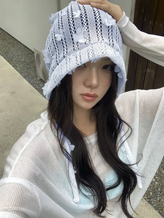 May Flower Net See-through Punched Strap Bandana Beanie Hat