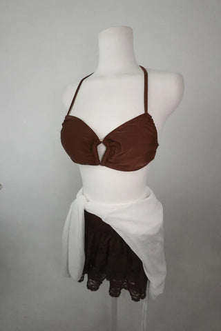 Back Ribbon Lace Frill Skirt Slit Bikini Set Swimsuit