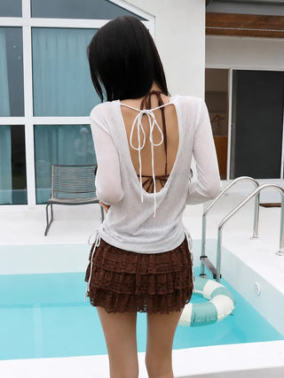 Back Ribbon Lace Frill Skirt Slit Bikini Set Swimsuit