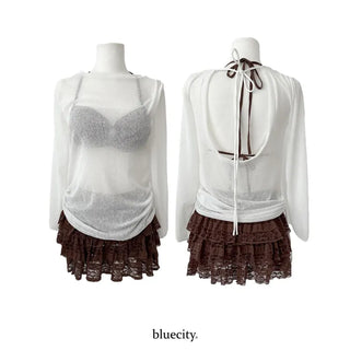 Back Ribbon Lace Frill Skirt Slit Bikini Set Swimsuit