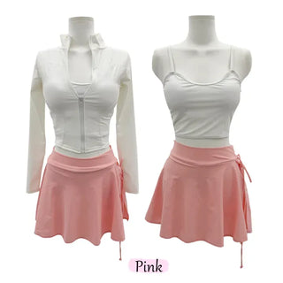 Pink Shell Ribbon Sleeveless Zip-Up Wrap Skirt Pants Rash Guard Set Swimwear