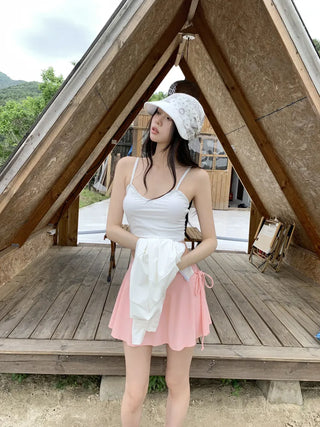 Pink Shell Ribbon Sleeveless Zip-Up Wrap Skirt Pants Rash Guard Set Swimwear