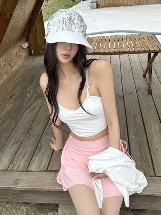 Pink Shell Ribbon Sleeveless Zip-Up Wrap Skirt Pants Rash Guard Set Swimwear