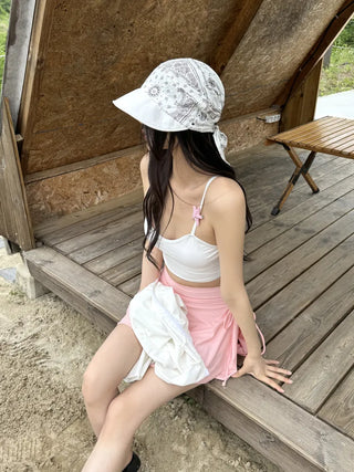 Pink Shell Ribbon Sleeveless Zip-Up Wrap Skirt Pants Rash Guard Set Swimwear