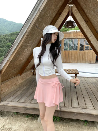 Pink Shell Ribbon Sleeveless Zip-Up Wrap Skirt Pants Rash Guard Set Swimwear