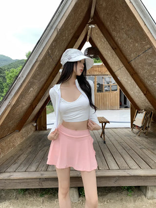Pink Shell Ribbon Sleeveless Zip-Up Wrap Skirt Pants Rash Guard Set Swimwear