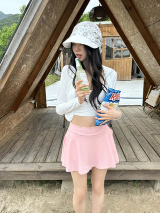 Pink Shell Ribbon Sleeveless Zip-Up Wrap Skirt Pants Rash Guard Set Swimwear