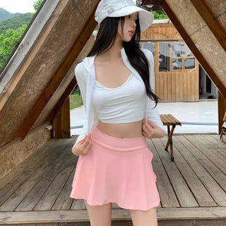 Pink Shell Ribbon Sleeveless Zip-Up Wrap Skirt Pants Rash Guard Set Swimwear