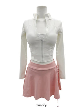 Pink Shell Ribbon Sleeveless Zip-Up Wrap Skirt Pants Rash Guard Set Swimwear
