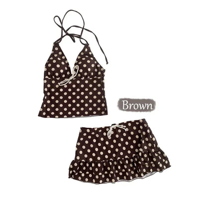 Mocha Dot Halterneck Sleeveless Top & Skirt Piece Bikini Set Swimsuit