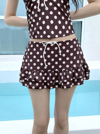 Mocha Dot Halterneck Sleeveless Top & Skirt Piece Bikini Set Swimsuit